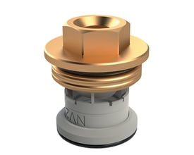 Kemper Protect kontraventil til afgang DN25, viser detaljer af messing top og grå plastventilhus.