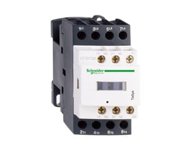 Schneider Electric TeSys D kontaktor LC1DT20 med 12A, 2NO+2NC kontakter og 24V DC spole, set fra fronten med tydelig mærkning og hvidt mærke.