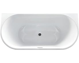 Top view af et mat hvidt akryl badekar i "Back To Wall" design, 1800 mm langt, med krom bundventil og overløb.