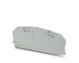 Phoenix Contact endeplade D-UTME 6 i grå plast, med indgraveret tekst og monteringshuller, vist på hvid baggrund.