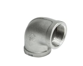 Vinkel 90° i rustfrit stål, 3/4" muffe/muffe, med præget 316 mærke og 20 bar trykmærkning.