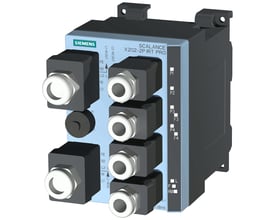 Siemens SCALANCE X202-2P IRT PRO managed IE IRT-switch med 4 push pull porte og LED-indikatorer på siden.