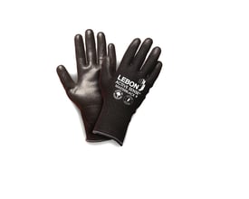 Et par sorte Lebon Masterblack Cut D arbejdshandsker i størrelse 11, vist på en hvid baggrund med hvid tekst der viser logo og certificering.