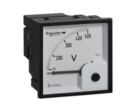 Schneider Electric analog voltmeter, 0-500VAC, viser skala med 0, 100, 200, 300, 400 og 500 volt samt et justeringshjul.
