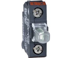 Schneider Electric lysmodul til bundmontage med universal LED, 110-120 VAC og skrueterminaler. Modulet er gråt med tydelig mærkning og en gennemsigtig LED-indikator.