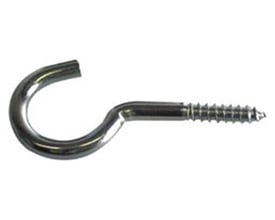 Nærbillede af elforzinket skruekrog med trægevind, der viser detaljer ved gevindet og den krumme form.