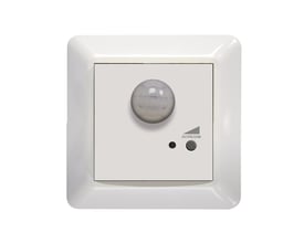 MBD DIMLED bevægelsessensor i polarhvid med synlig bevægelsessensor og AV/PÅ/DIM knap på hvid baggrund.