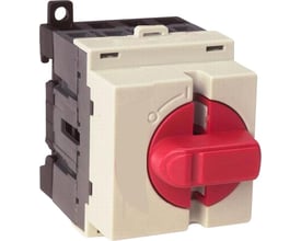 ABB 4-polet lastafbryder på 40A, modulært design med rødt drejegreb vist fra siden, ideel til hovedafbryder eller motorstyring.