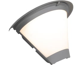 Gråt Hide-a-lite Pave-vægarmatur med opal top og tændt lysfelt, set skråt forfra.