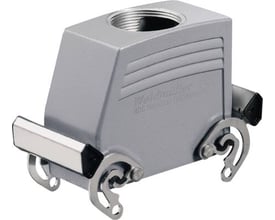 Weidmüller HDC kabelhus størrelse 6 i grå metal med PG29 topindgang og to låsebøjler.