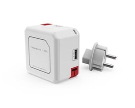 Hvid PowerCube USB Hub med 5000 mAh batteri, vist med et aftageligt stik på en hvid baggrund.