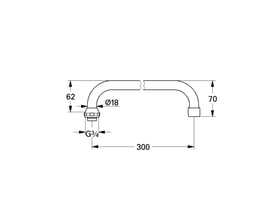 Teknisk tegning af Grohe køkkenvægbatteri tud med angivelse af mål, herunder 300 mm fremspring og 3/4" forskruning.