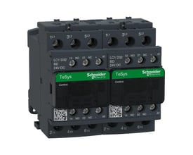Schneider Electric TeSys D reverserende kontaktor LC2D 32A, 2x3P, 24VDC styrespænding, med tydelige mærkninger og grønne kontrol-displays.