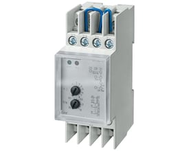 Siemens SENTRON 5TT6 understrømsrelæ med 1-faset tilslutning og justerbar strøm på 1/5/10/15A, viser ledningsterminaler og drejeknapper.