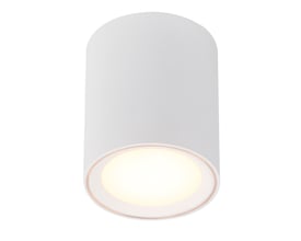 Nordlux Fallon Long påbygningsspot i hvid metal med integreret varmt hvidt LED-lys og en synlig lyskilde.