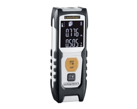 Laserliner afstandsmåler O_LR-Master i3 med 30m rækkevidde, viser display med målte værdier og knapper til betjening.