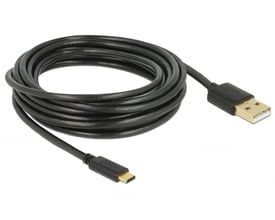 Sort DeLock USB 2.0-kabel på 4 meter, oprullet med USB-A-stik i den ene ende og USB-C-stik i den anden.