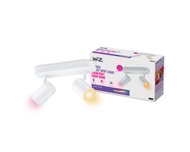 WiZ Imageo spotlampe med 2 justerbare spots i hvid, monteret på en hvid væg med farvet lys fra spotsene.