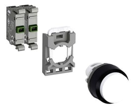 ABB MP3-40W-20 trykknap bestående af et kontaktmodul, monteringsramme og en hvid trykknap med sort kant.