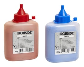 Ironside blåt markeringskridt til kridtsnor i 250 g-flaske, vist ved siden af en rød variant.