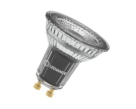 Ledvance dæmpbar PAR16 LED-lyskilde på 8 W med klar glasfront, mørk krop og GU10-stifter.