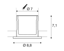 Teknisk tegning af SLV KAMUELA ECO indbygningsspot med mål for udskæringshul på 7 cm og ydre diameter på 8.8 cm.