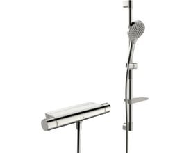 Oras Optima Style bruserarmatur i krom med termostat, brusesæt, magnetisk hylde og justerbar glider, isoleret på hvid baggrund.