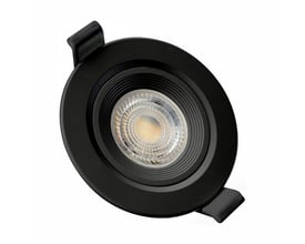 Sort, rund SpectrumLED-downlight til indbygning, vist forfra med en lysåbning i midten; leveres uden fatning og lyskilde.