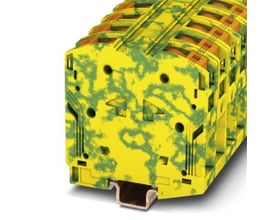 Nærbillede af Phoenix Contact jordklemme PTPOWER 95-PE, viser detaljer på den gule/grønne overflade og monteringsskinne.