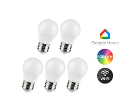 Fem V-TAC E27 5W Wifi LED-pærer med hvid kuppel samt symboler for Google Home, Wi-Fi og RGB-lys.