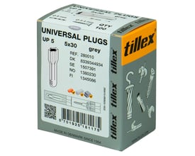 Grå Tillex Uni UP5 plugs, 5x30 mm, 100 stk. Pakke med illustrationer af brug og produktinformation.