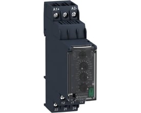 Schneider Electric Zelio RM22UB34 målerelæ til over- og underspænding, 80-300V med tydelige indstillingshjul og A1+, A2+ terminaler.