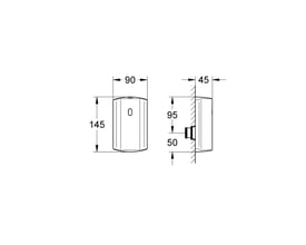 Målskitse af Grohe Tectron elektronisk urinal armatur, der viser dimensioner i mm for front- og sidevisning.