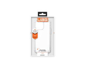 Urban Armor Gear Plyo Ice cover til iPhone 15 Pro Max i gennemsigtig TPU-emballage med produktinformation og drop-test detaljer.