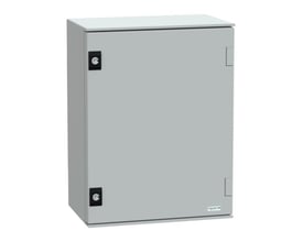 Et Schneider Electric vægskab model 7035 i grå polyester, med målene 430x330x200 mm, står frit på hvid baggrund.