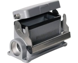 Weidmüller HDC industristik sokkelhus, størrelse 6, med låg og 2xM25 gevind, visende robust metaldesign.