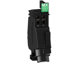 Schneider Electric shunt trip spole MX 110-130V AC/DC, med mærkning 125V ~=/. Nærbillede af grøn etiket og sorte tilslutningsklemmer C1 og C2.