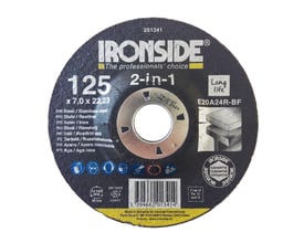 Ironside 2-in-1 skrubskive, sort og rund med centerhul, mærket 125 × 7 mm til stål og rustfrit stål.
