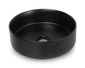 Rund håndvask i mat sort keramik, 36x36x12 cm, uden overløb med glaserede kanter, vist på hvid baggrund.