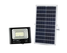 V-TAC 35W solpanel LED projektør og tilhørende solpanel på neutral baggrund, vist i en pakke.