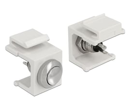 Delock Keystone trykknap, hvid med en kromfarvet knap, vist fra to vinkler på hvid baggrund.