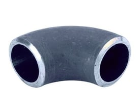 Indura svejsebøjning 90 grader, 273mm diameter og 6,3mm tykkelse i P235GH stål med 3D radius på hvid baggrund.