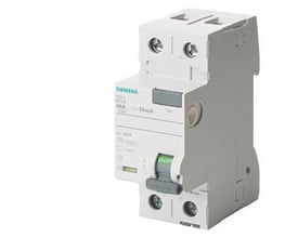 Kompakt Siemens 2-polet fejlstrømsafbryder type A, 25A, 10mA, præsenteret isoleret på en hvid baggrund.