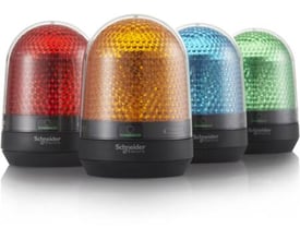 Fire Schneider Electric signallamper med LED, Ø100mm, i farverne rød, orange, blå og grøn.