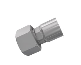 Parker 10648 indstik i stål til 3/8-tommers slange med JIC 37°-tilslutning og 9/16" x 18 UNF-omløber, set skråt.