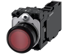 Siemens rund, rød, 22mm trykknap med 1NO 1NC kontakt og 230V LED-modul.
