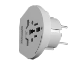 Skross rejseadapter i hvid, designet til at tilslutte enheder fra hele verden til europæiske stikkontakter med Schuko-stik.