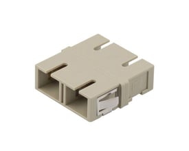 Adapter MM SC/PC Simplex i beige plast uden flange, viser dobbelte SC-porte og låsemekanisme.