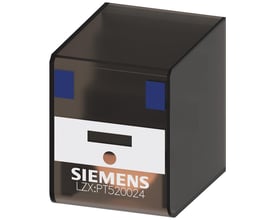 Siemens SIRIUS LZX PT5 stikbensrelæ med 4CO kontakter og 24VDC spolespænding, vist uden testbeslag på mørk baggrund.