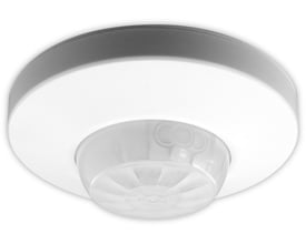 Niko KNX bevægelsessensor til loftmontering med 40m rækkevidde og 360 graders detektion, hvid og klar plast.